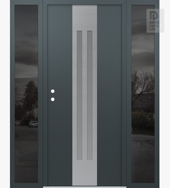 Modern Steel Front Door DIAMOND A8 64" X 80" ANTHRACITE/ANTHRACITE FROSTED GLASS PANEL STAINLESS STEEL RHI WITH 2 SIDELITES MIRRORED GLASS
