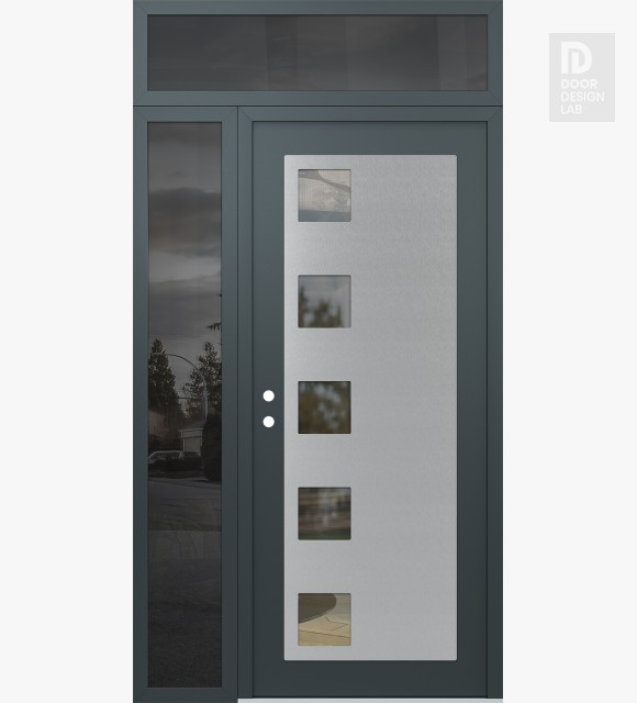 Modern Steel Front Door Diamond C5 48" x 96" anthracite/anthracite clear Glass Panel stainless steel RHI with Sidelite and Transom mirrored Glass