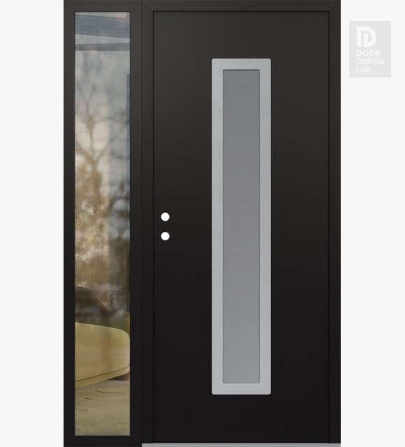 Modern Steel Front Door DIAMOND A11 50" X 80" BLACK/WHITE FROSTED GLASS PANEL STAINLESS STEEL RHI WITH SIDELITE CLEAR GLASS