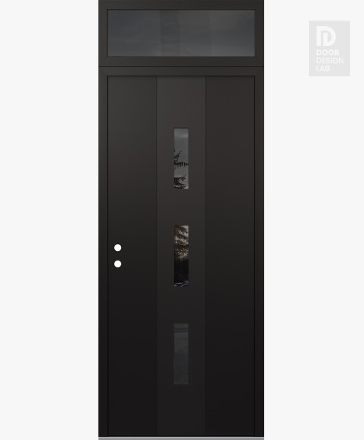Modern Steel Front Door DIAMOND A7 36" X 96" BLACK/BLACK MIRRORED GLASS PANEL BLACK RHI WITH TRANSOM MIRRORED GLASS