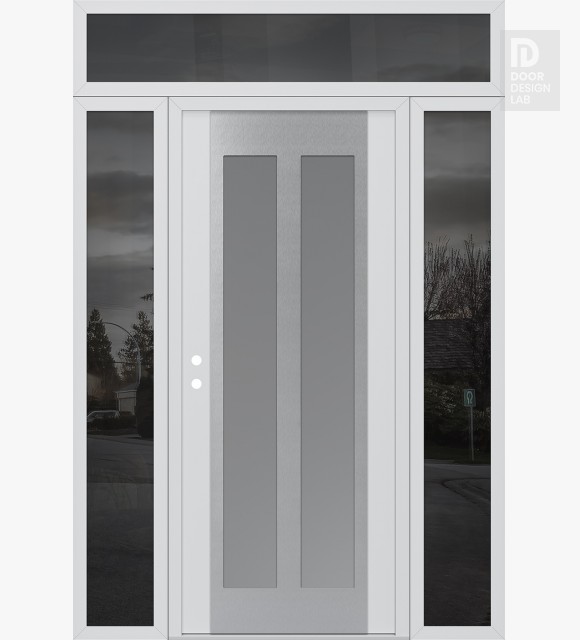 Modern Steel Front Door Diamond C14 60" x 96" white/white frosted Glass Panel stainless steel RHI with 2 Sidelites and Transom mirrored Glass