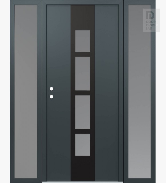 Modern Steel Front Door DIAMOND A10 64" X 80" ANTHRACITE/ANTHRACITE FROSTED GLASS PANEL BLACK RHI WITH 2 SIDELITES FROSTED GLASS