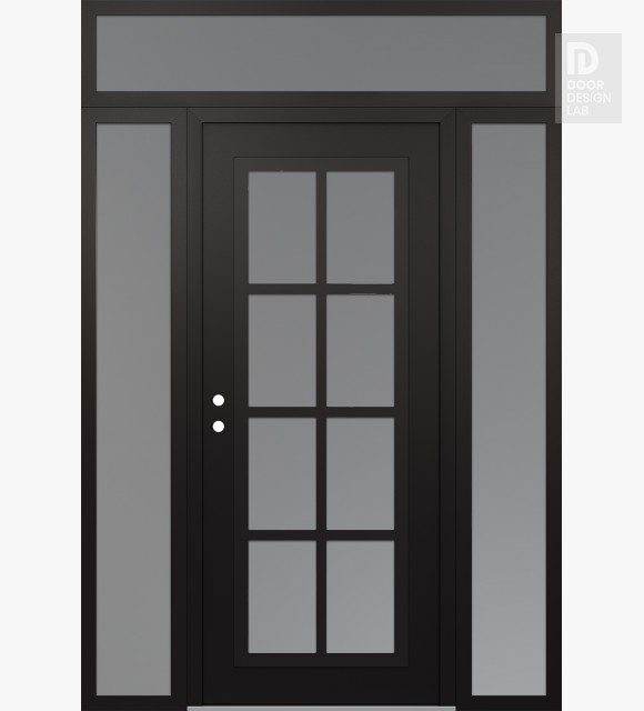 Modern Steel Front Door Diamond C16 68" x 96" black/white frosted Glass Panel black RHI with 2 Sidelites and Transom frosted Glass