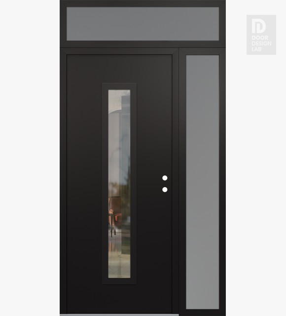 Modern Steel Front Door DIAMOND A11 52" X 96" BLACK/BLACK CLEAR GLASS PANEL BLACK LHI WITH SIDELITE AND TRANSOM FROSTED GLASS