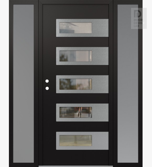 Modern Steel Front Door Diamond D3 60" x 80" black/black clear Glass Panel stainless steel RHI with 2 Sidelites frosted Glass