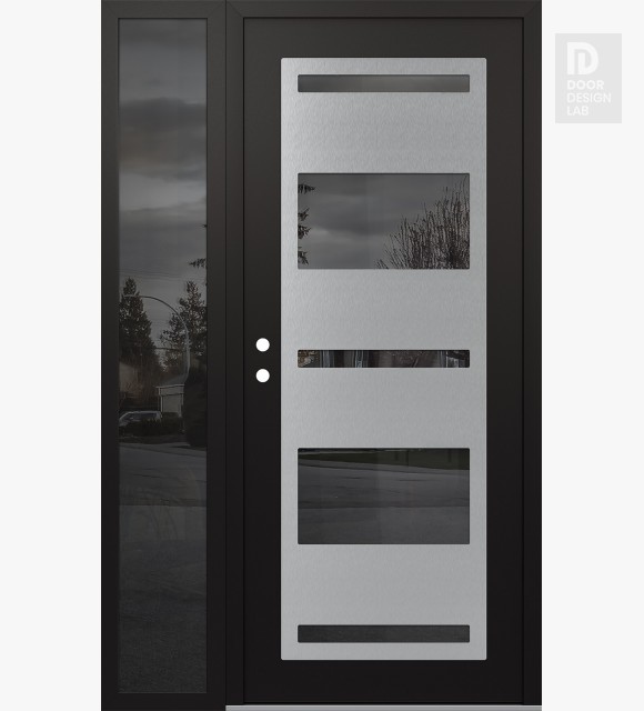 Modern Steel Front Door Diamond C10 52" x 80" black/black mirrored Glass Panel stainless steel RHI with Sidelite mirrored Glass