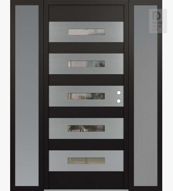 Modern Steel Front Door Diamond D9 60" x 80" black/black clear Glass Panel stainless steel LHI with 2 Sidelites frosted Glass