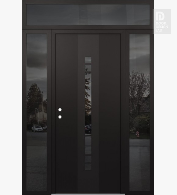 Modern Steel Front Door DIAMOND A4 64" X 96" BLACK/BLACK MIRRORED GLASS PANEL BLACK RHI WITH 2 SIDELITES AND TRANSOM MIRRORED GLASS