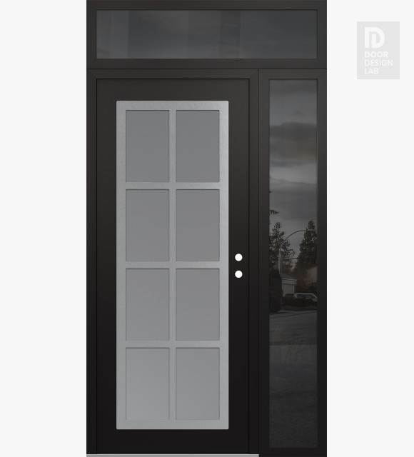Modern Steel Front Door Diamond C16 50" x 96" black/white frosted Glass Panel stainless steel LHI with Sidelite and Transom mirrored Glass