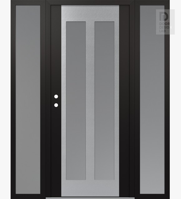 Modern Steel Front Door Diamond C14 68" x 80" black/white frosted Glass Panel stainless steel RHI with 2 Sidelites frosted Glass
