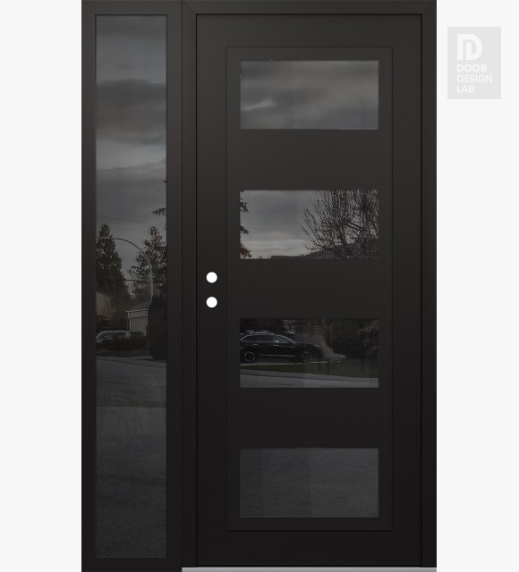 Modern Steel Front Door Diamond C2 50" x 80" black/black mirrored Glass Panel black RHI with Sidelite mirrored Glass