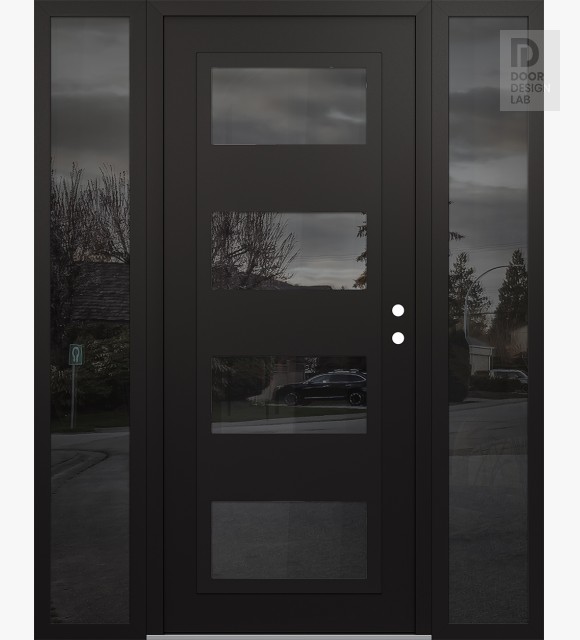 Modern Steel Front Door Diamond C2 68" x 80" black/black mirrored Glass Panel black LHI with 2 Sidelites mirrored Glass