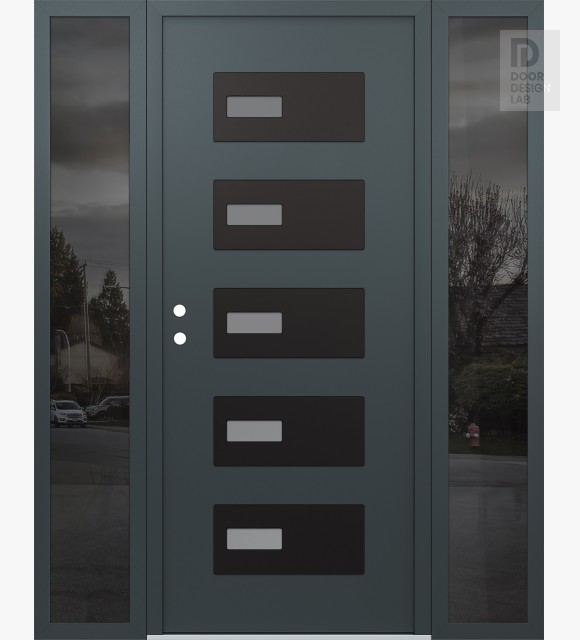 Modern Steel Front Door Diamond D7 60" x 80" anthracite/anthracite frosted Glass Panel black RHI with 2 Sidelites mirrored Glass