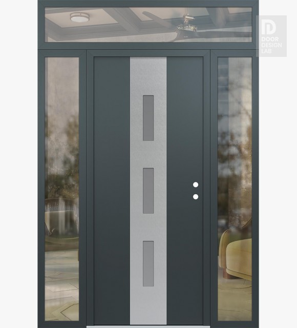 Modern Steel Front Door DIAMOND A7 60" X 96" ANTHRACITE/ANTHRACITE FROSTED GLASS PANEL STAINLESS STEEL LHI WITH 2 SIDELITES AND TRANSOM CLEAR GLASS