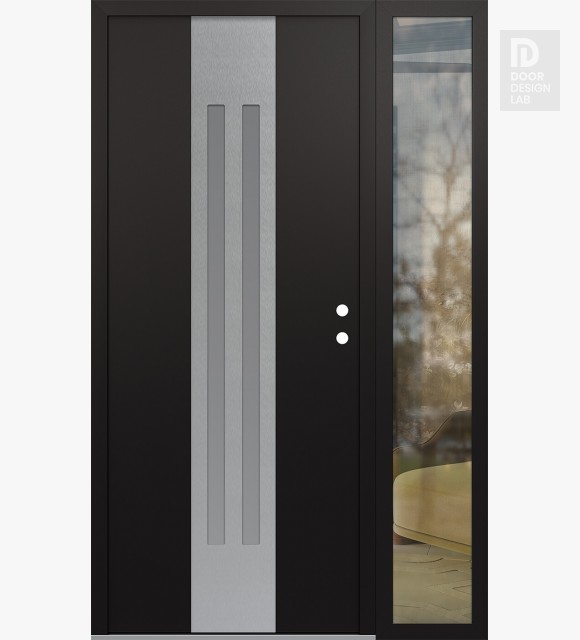 Modern Steel Front Door DIAMOND A8 50" X 80" BLACK/WHITE FROSTED GLASS PANEL STAINLESS STEEL LHI WITH SIDELITE CLEAR GLASS