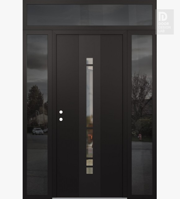 Modern Steel Front Door DIAMOND A3 68" X 96" BLACK/BLACK CLEAR GLASS PANEL BLACK RHI WITH 2 SIDELITES AND TRANSOM MIRRORED GLASS