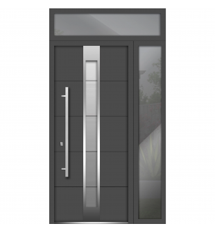 Front Exterior Prehung Steel Door / Deux 1717 Gray Graphite / Stainless Inserts Single Modern Painted-W48" x H96"-Right-hand Inswing