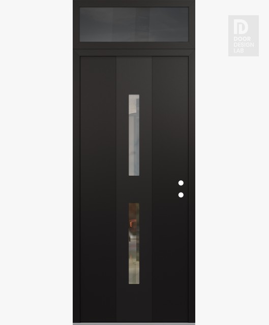 Modern Steel Front Door DIAMOND A6 36" X 96" BLACK/BLACK CLEAR GLASS PANEL BLACK LHI WITH TRANSOM MIRRORED GLASS
