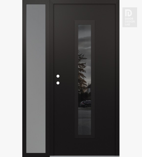 Modern Steel Front Door DIAMOND A11 50" X 80" BLACK/BLACK MIRRORED GLASS PANEL BLACK RHI WITH SIDELITE FROSTED GLASS