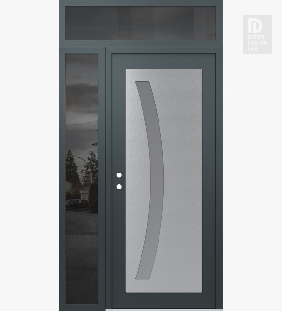 Modern Steel Front Door Diamond C4 48" x 96" anthracite/anthracite frosted Glass Panel stainless steel RHI with Sidelite and Transom mirrored Glass