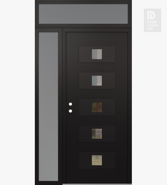 Modern Steel Front Door Diamond D8 50" x 96" black/black clear Glass Panel black RHI with Sidelite and Transom frosted Glass