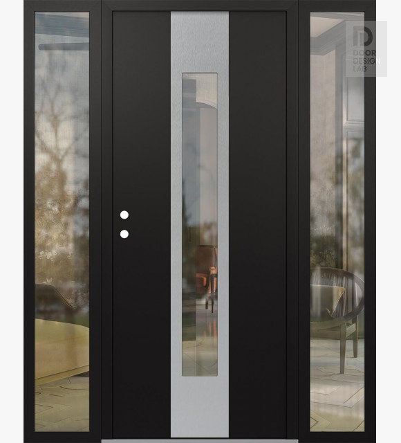 Modern Steel Front Door DIAMOND A1 64" X 80" BLACK/BLACK CLEAR GLASS PANEL STAINLESS STEEL RHI WITH 2 SIDELITES CLEAR GLASS