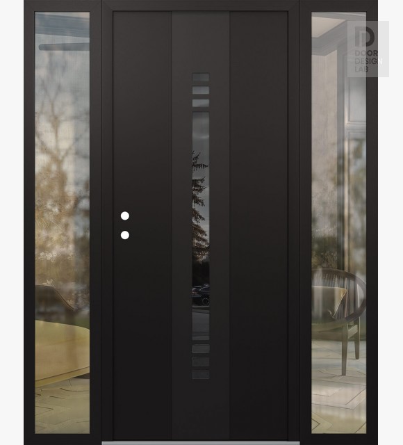 Modern Steel Front Door DIAMOND A5 60" X 80" BLACK/BLACK MIRRORED GLASS PANEL BLACK RHI WITH 2 SIDELITES CLEAR GLASS