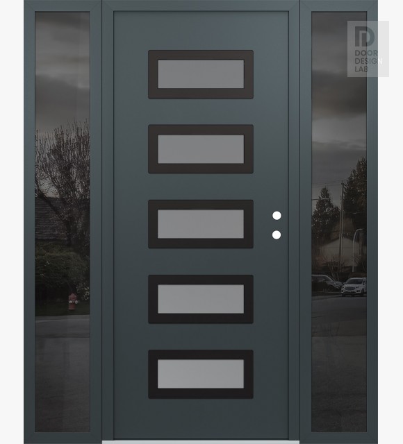 Modern Steel Front Door Diamond D1 60" x 80" anthracite/anthracite frosted Glass Panel black LHI with 2 Sidelites mirrored Glass