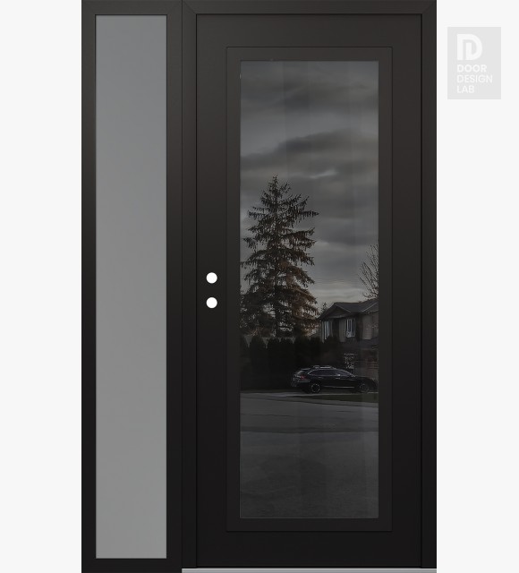 Modern Steel Front Door Diamond C1 50" x 80" black/black mirrored Glass Panel black RHI with Sidelite frosted Glass