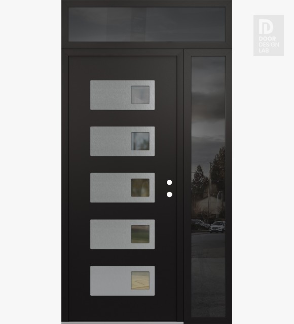 Modern Steel Front Door Diamond D2 52" x 96" black/black clear Glass Panel stainless steel LHI with Sidelite and Transom mirrored Glass