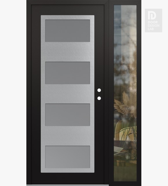 Modern Steel Front Door Diamond C2 52" x 80" black/white frosted Glass Panel stainless steel LHI with Sidelite clear Glass
