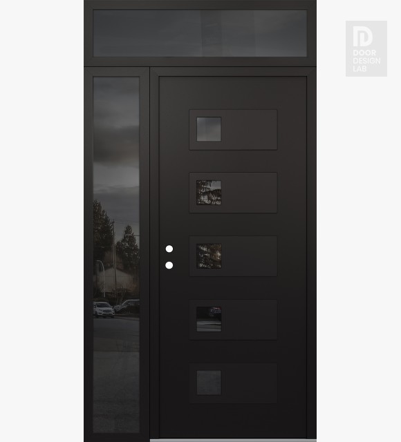 Modern Steel Front Door Diamond D2 52" x 96" black/black mirrored Glass Panel black RHI with Sidelite and Transom mirrored Glass