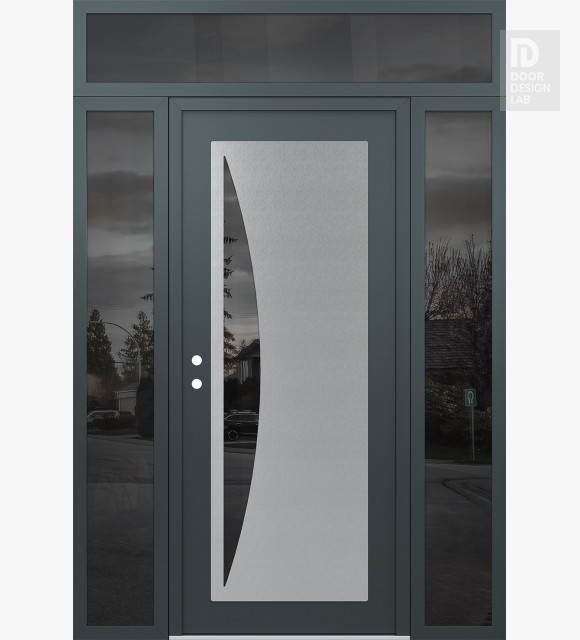 Modern Steel Front Door Diamond C13 60" x 96" anthracite/anthracite mirrored Glass Panel stainless steel RHI with 2 Sidelites and Transom mirrored Glass