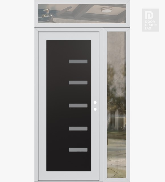 Modern Steel Front Door Diamond C8 52" x 96" white/white frosted Glass Panel black LHI with Sidelite and Transom clear Glass