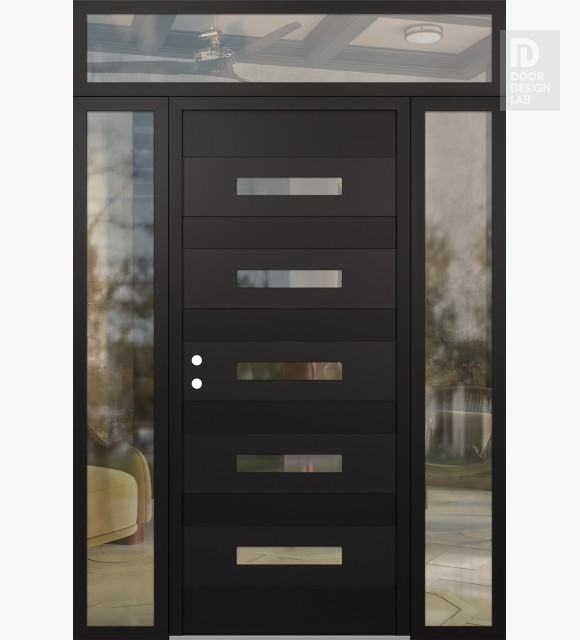 Modern Steel Front Door Diamond D9 60" x 96" black/black clear Glass Panel black RHI with 2 Sidelites and Transom clear Glass