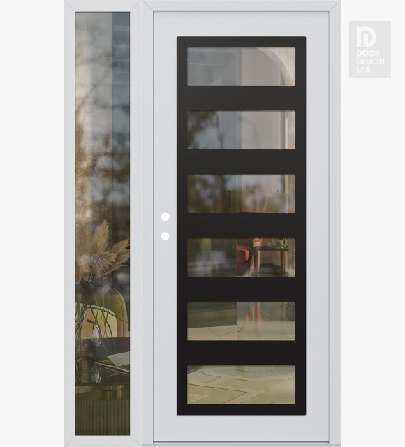 Modern Steel Front Door Diamond C9 50" x 80" white/white clear Glass Panel black RHI with Sidelite clear Glass