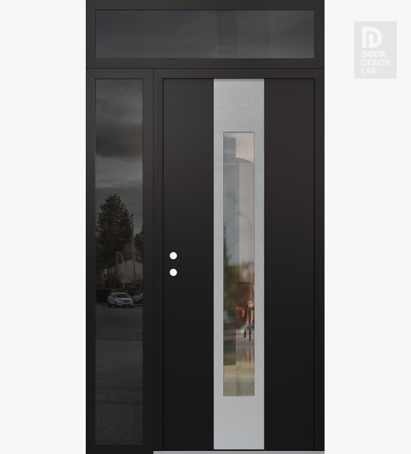 Modern Steel Front Door DIAMOND A1 48" X 96" BLACK/BLACK CLEAR GLASS PANEL STAINLESS STEEL RHI WITH SIDELITE AND TRANSOM MIRRORED GLASS