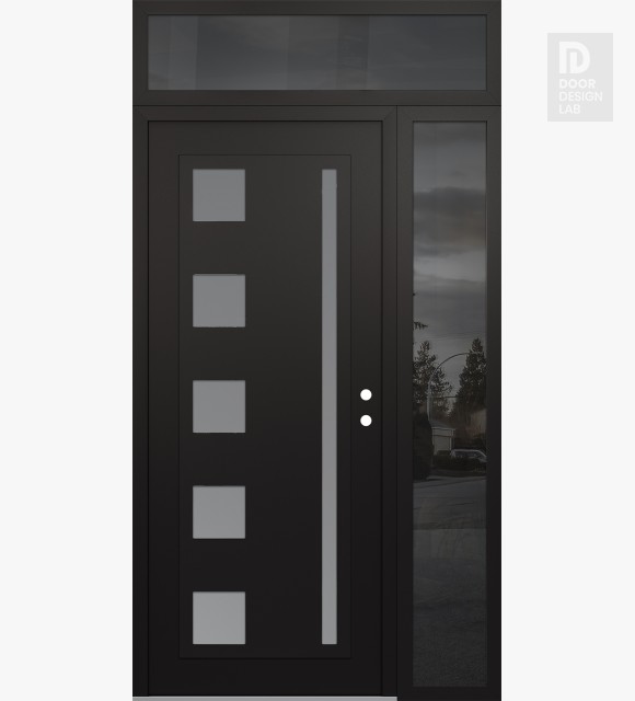 Modern Steel Front Door Diamond C3 50" x 96" black/white frosted Glass Panel black LHI with Sidelite and Transom mirrored Glass