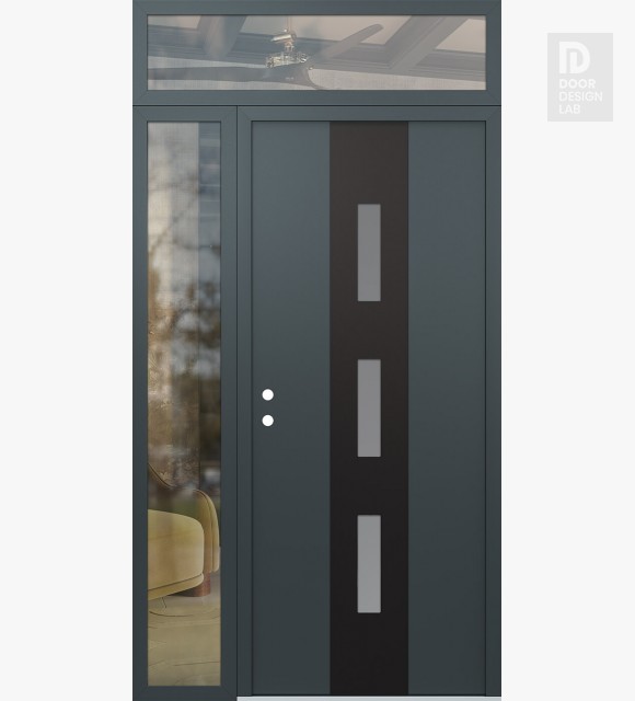Modern Steel Front Door DIAMOND A7 48" X 96" ANTHRACITE/ANTHRACITE FROSTED GLASS PANEL BLACK RHI WITH SIDELITE AND TRANSOM CLEAR GLASS