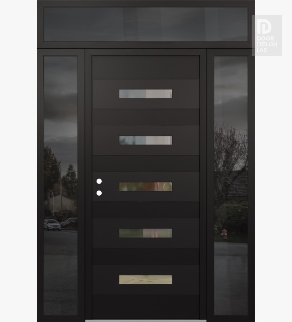 Modern Steel Front Door Diamond D9 60" x 96" black/black clear Glass Panel black RHI with 2 Sidelites and Transom mirrored Glass