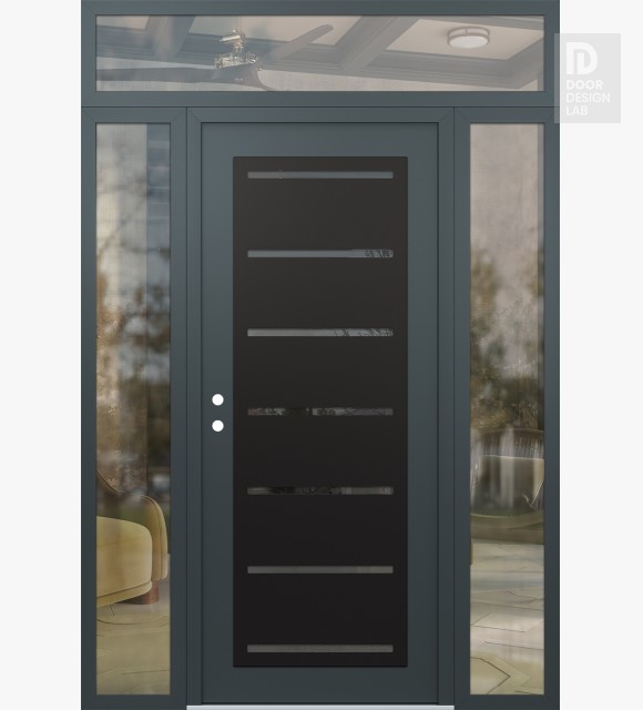 Modern Steel Front Door Diamond C11 60" x 96" anthracite/anthracite mirrored Glass Panel black RHI with 2 Sidelites and Transom clear Glass