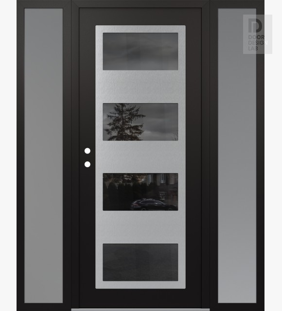 Modern Steel Front Door Diamond C2 68" x 80" black/black mirrored Glass Panel stainless steel RHI with 2 Sidelites frosted Glass