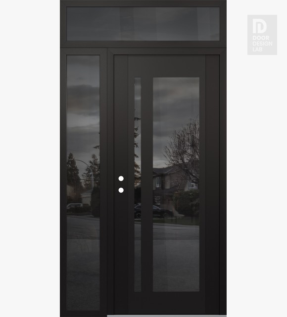 Modern Steel Front Door Diamond C15 48" x 96" black/black mirrored Glass Panel black RHI with Sidelite and Transom mirrored Glass