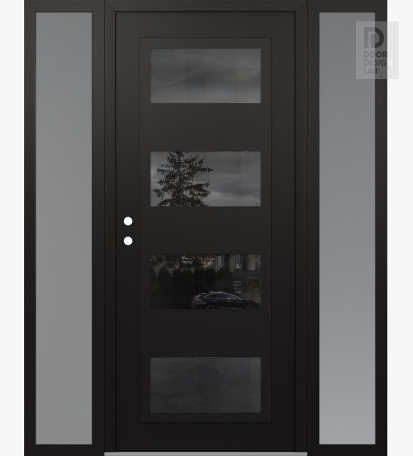 Modern Steel Front Door Diamond C2 64" x 80" black/black mirrored Glass Panel black RHI with 2 Sidelites frosted Glass