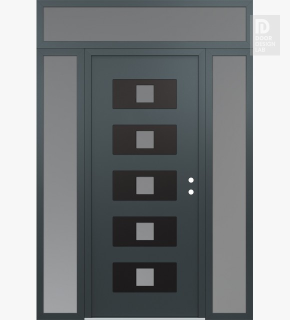 Modern Steel Front Door Diamond D8 68" x 96" anthracite/anthracite frosted Glass Panel black LHI with 2 Sidelites and Transom frosted Glass