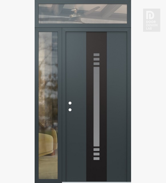 Modern Steel Front Door DIAMOND A5 52" X 96" ANTHRACITE/ANTHRACITE FROSTED GLASS PANEL BLACK RHI WITH SIDELITE AND TRANSOM CLEAR GLASS