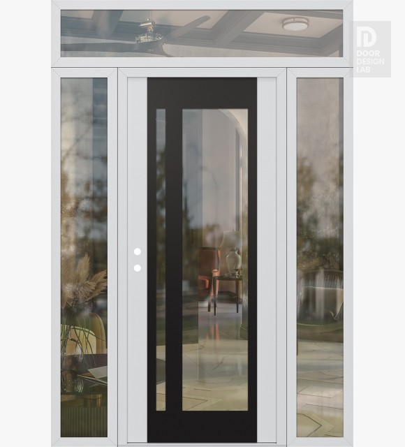 Modern Steel Front Door Diamond C15 68" x 96" white/white clear Glass Panel black RHI with 2 Sidelites and Transom clear Glass