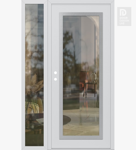 Modern Steel Front Door Diamond C1 52" x 80" white/white clear Glass Panel stainless steel RHI with Sidelite clear Glass