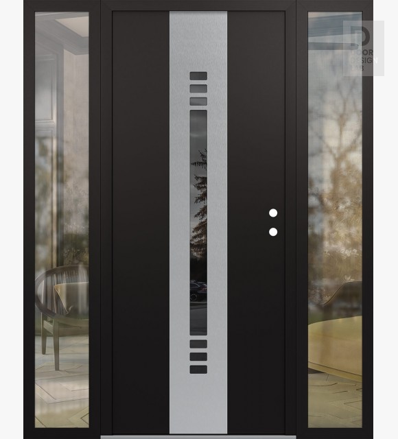 Modern Steel Front Door DIAMOND A5 64" X 80" BLACK/BLACK MIRRORED GLASS PANEL STAINLESS STEEL LHI WITH 2 SIDELITES CLEAR GLASS