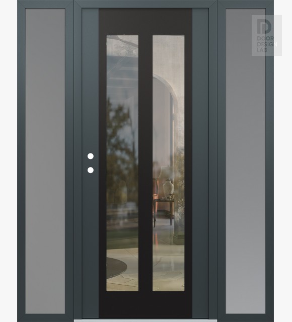 Modern Steel Front Door Diamond C14 68" x 80" anthracite/anthracite clear Glass Panel black RHI with 2 Sidelites frosted Glass